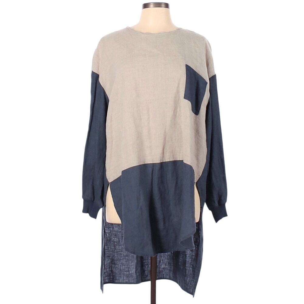 LUEL Linenwear Palaidine lagenlook linen colorblock high low top blouse Size 14